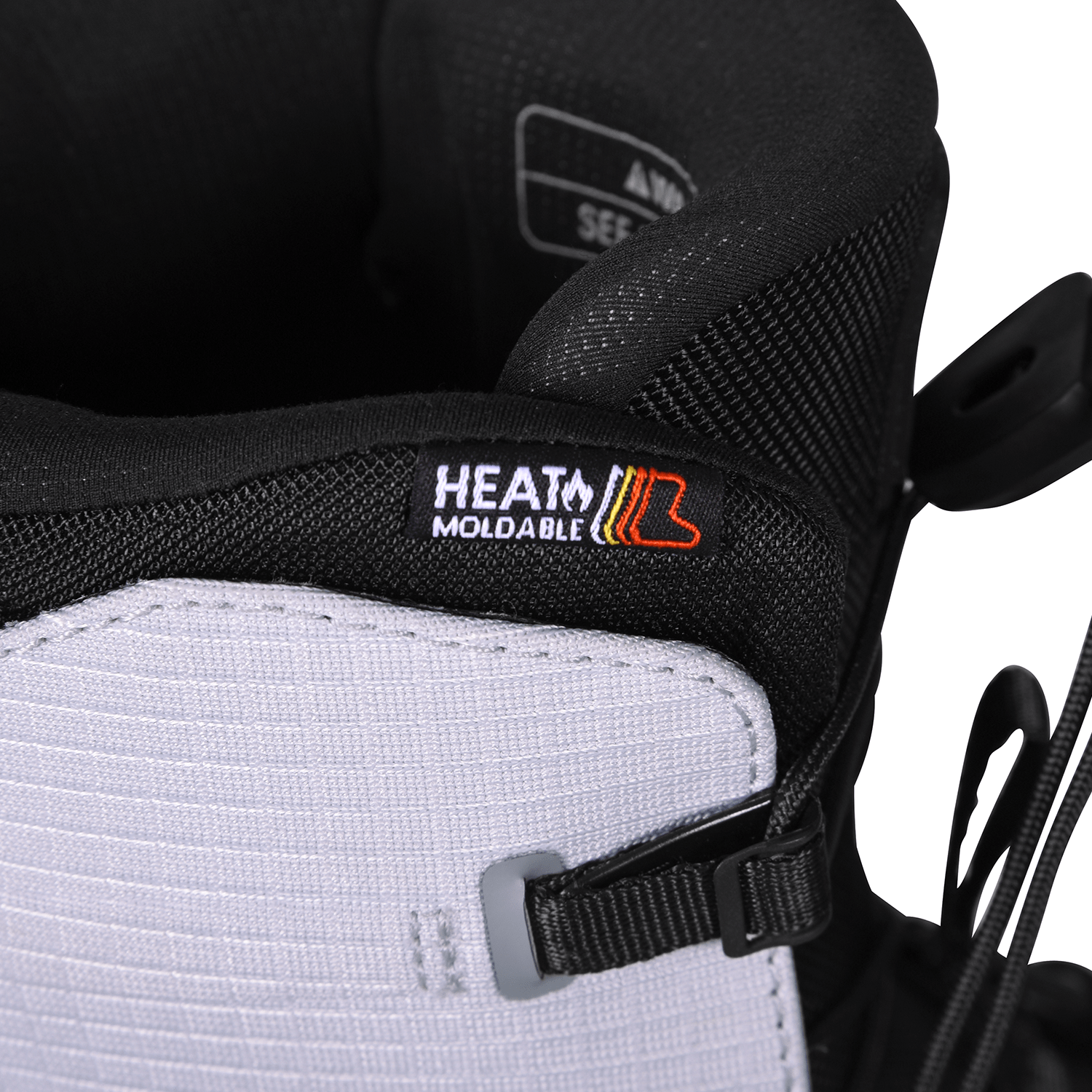 Black and gray heat-moldable boot with lace and logo detail on the side.